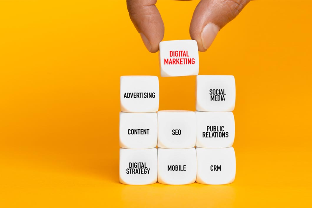 There are 9 cubes which are arranged in three rows & columns through which it represents Digital marketing includes the public relation, advertising , social media , SEO, content , mobile , digital strategy, CRM
