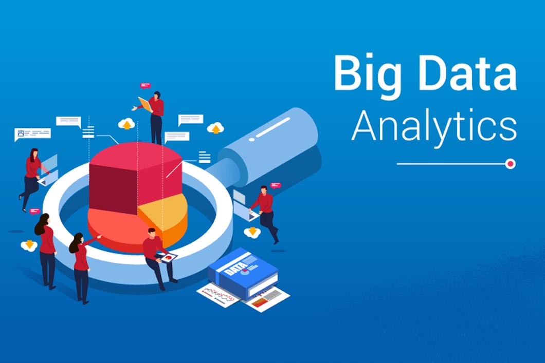 Image of a magnifying glass,blue colour book and pie chart is there where 3 men and 3 women are working and trying to analysing something where at the middle right side of the page BIG data Analytics is written and blue background is there and they are analysing the growth of myra's academy through pie chart