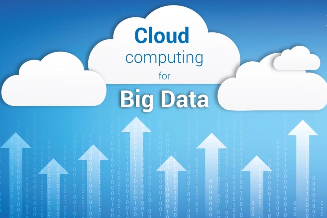 Four white cloud is there and eight arrow are growing towards the top and at that page cloud computing for big data is written and the background of the page is blue